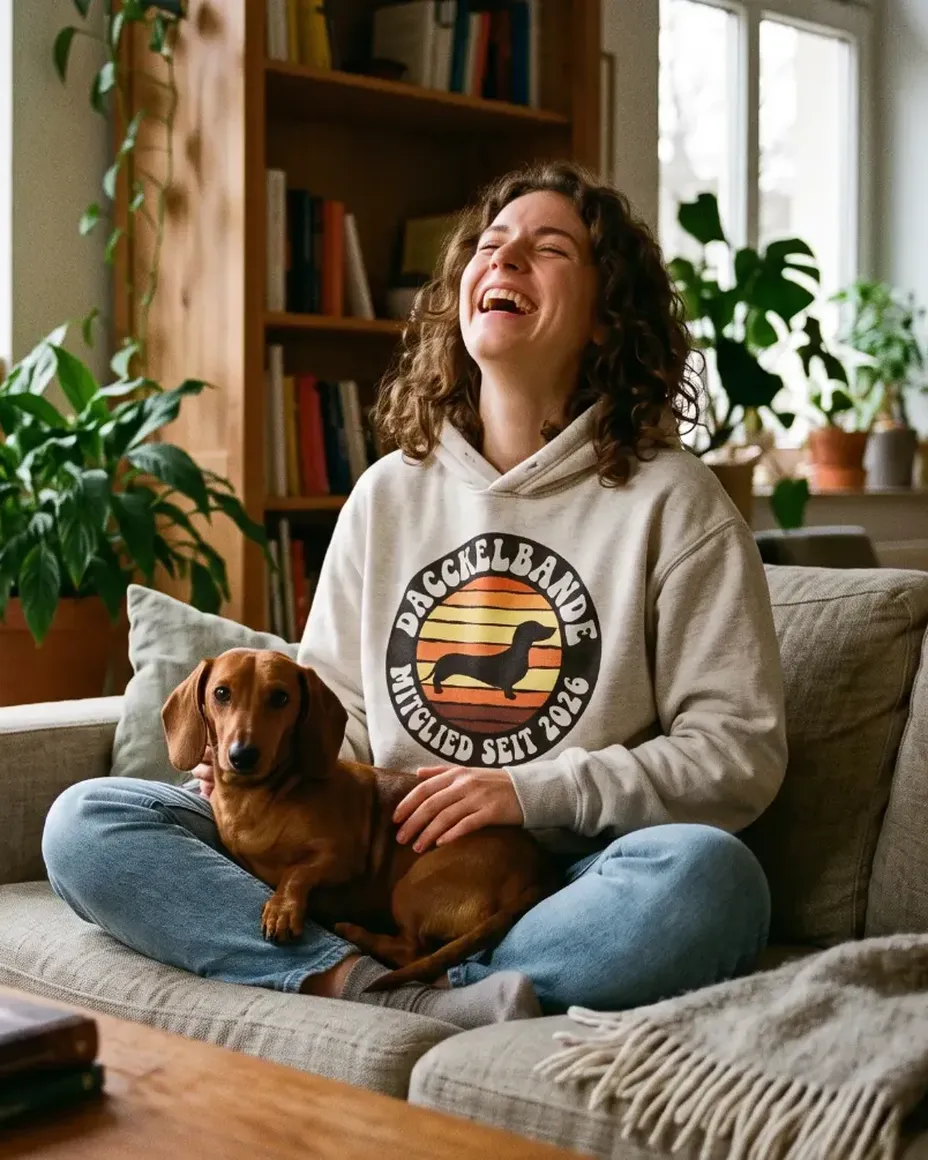 Lachende Frau auf dem Sofa mit Dackel auf dem Schoß, sie trägt den Hoodie „Dackelbande – Mitglied seit 2026“