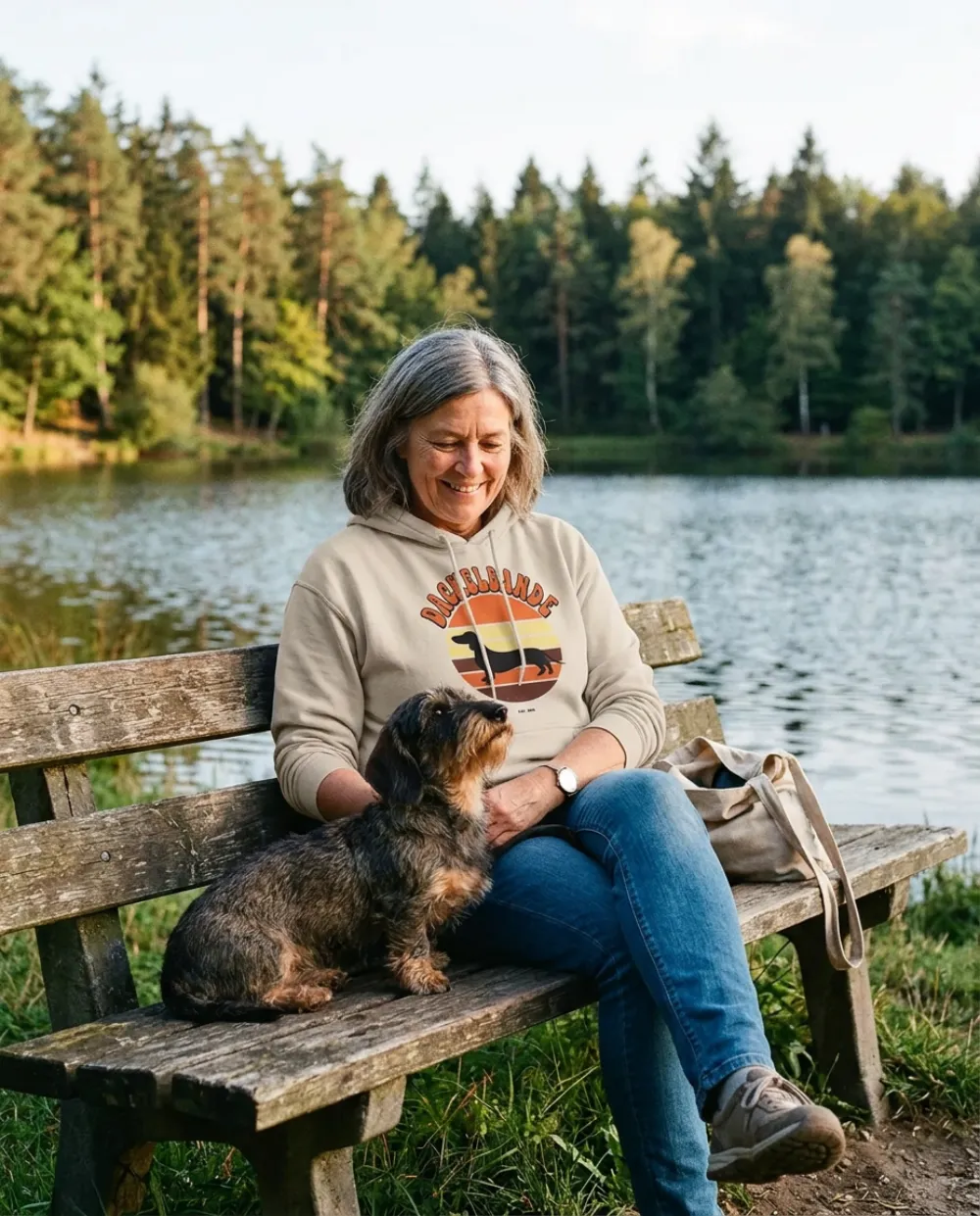 Frau auf einer Bank am See mit Rauhaardackel, sie trägt den Hoodie mit Retro-Sonne „Dackelbande“