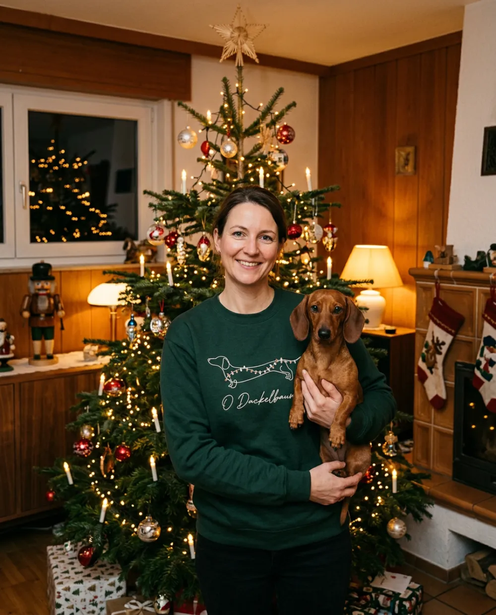 Frau mit Dackel auf dem Arm vor dem Weihnachtsbaum, sie trägt den grünen Pulli „O Dackelbaum“