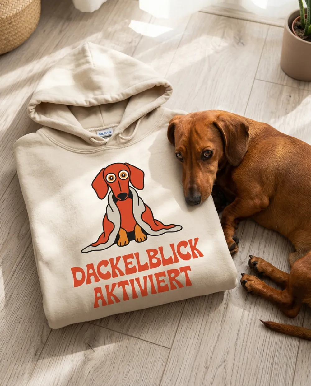 Hoodie „Dackelblick aktiviert“ in Sand, gefaltet auf dem Holzboden, daneben liegt ein roter Dackel
