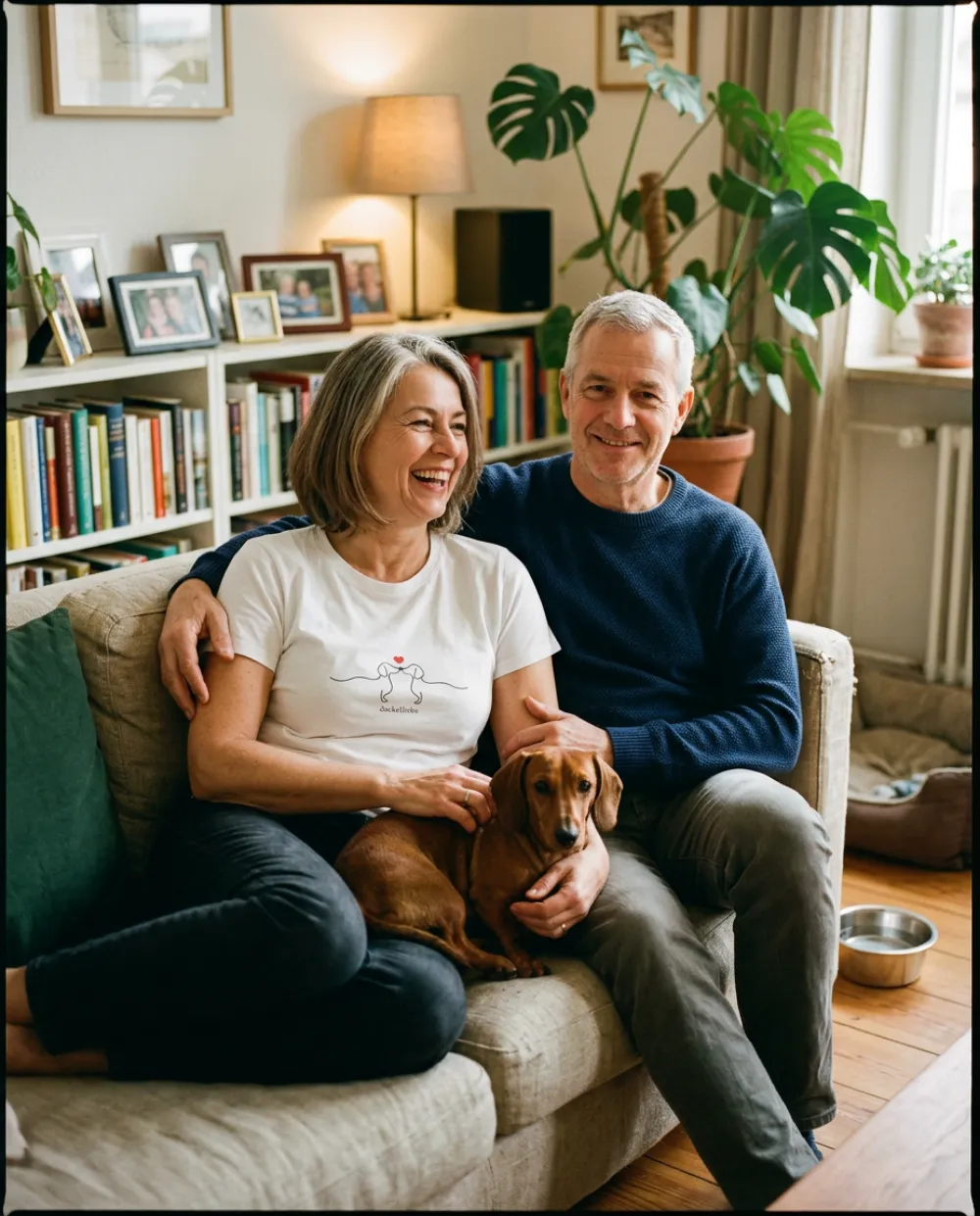 Paar auf dem Sofa mit Dackel, sie trägt das weiße T-Shirt „dackelliebe“
