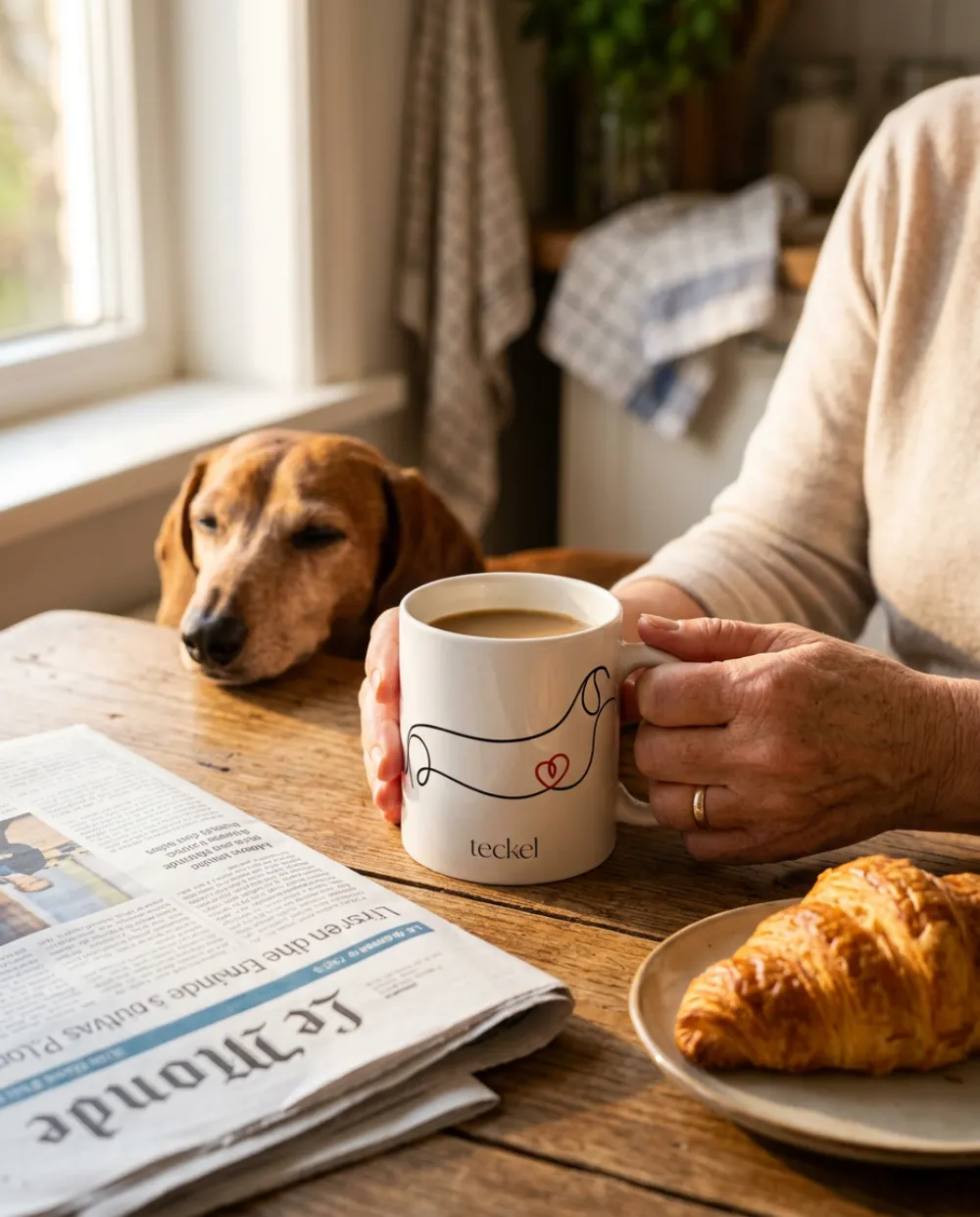 Frühstückstisch mit Tasse „teckel“ und Croissant, im Hintergrund schaut ein Dackel zu